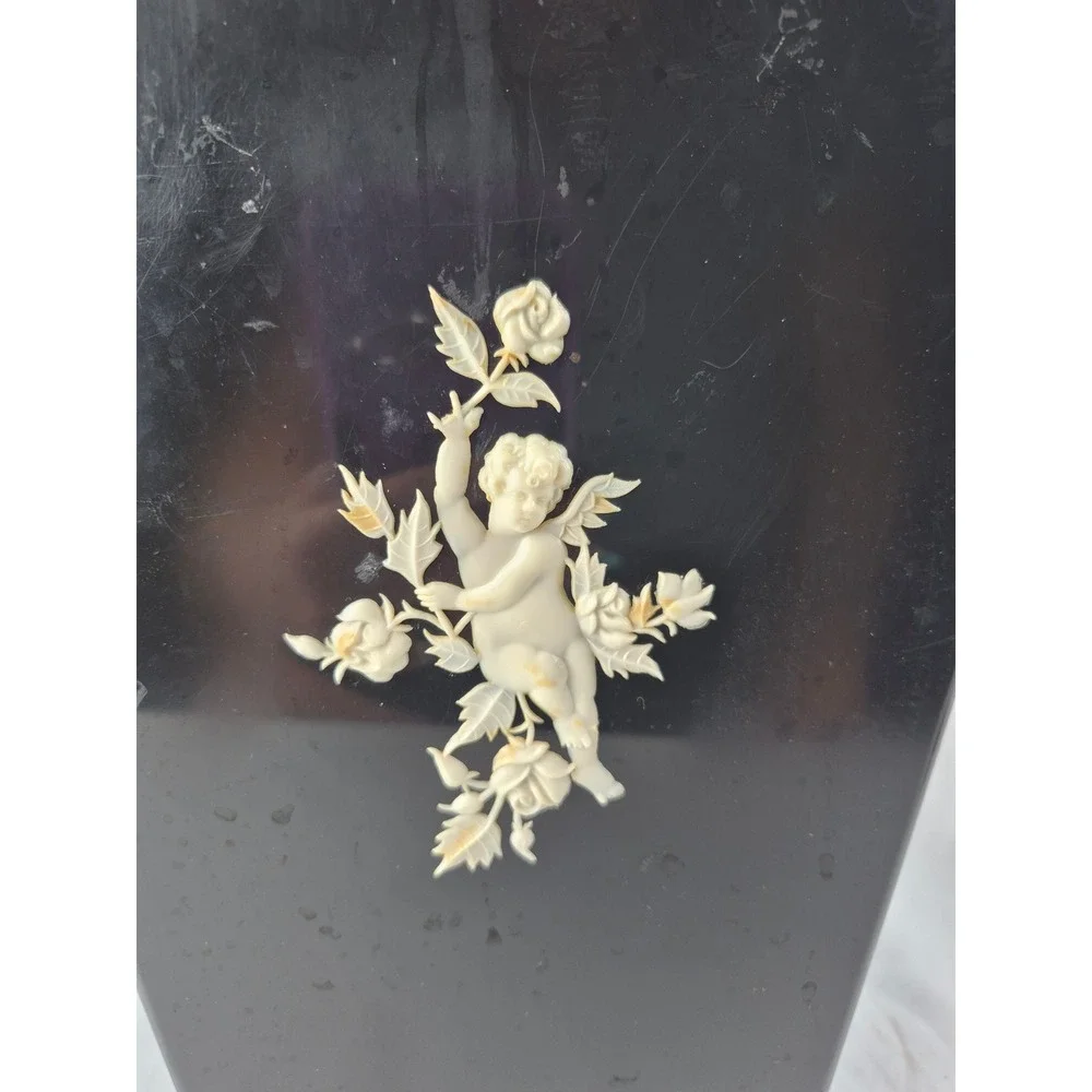 Schwarz Bros Vintage Cherub Rose Wastebasket Black Hollywood Regency Floral Can